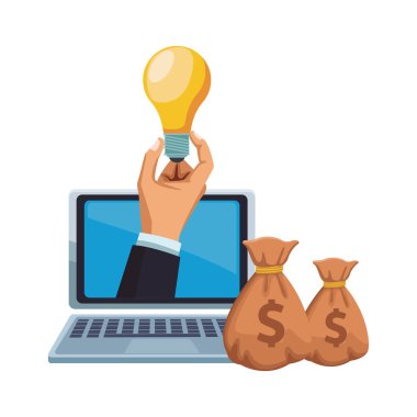 işadamı el laptop ekran ve para torbaları üzerinde büyük fikir