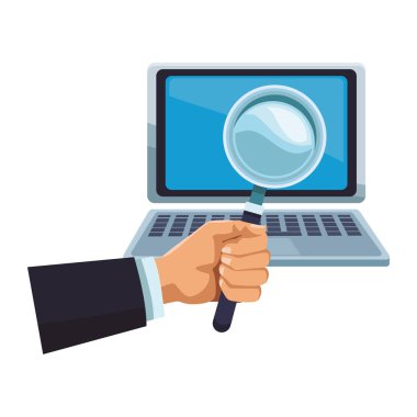 işadamı el büyüteç dizüstü bilgisayar denetimi ile