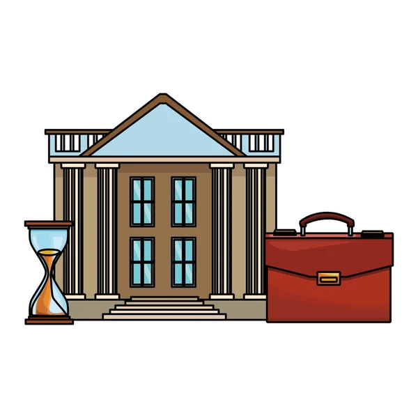 Bank building with briefcase and hourglass — Stock Vector