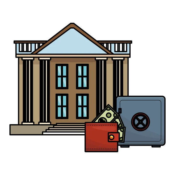 Bank buildings with wallet and strongbox — Stock Vector