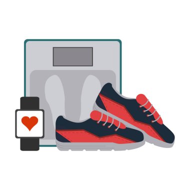 Spor salonu ve fitness vücut dengesi Ayakkabı ve smartwatch öğeleri illüstrasyon grafik tasarım vektör