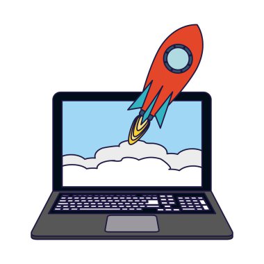 Online başlangıç iş--dan laptop vektör çizim grafik tasarım alarak uzay gemisi ile