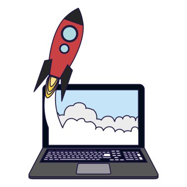 Online başlangıç iş--dan laptop vektör çizim grafik tasarım alarak uzay gemisi ile