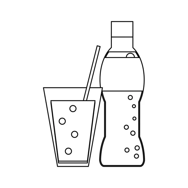 Bottiglia di soda e tazza con paglia in bianco e nero — Vettoriale Stock