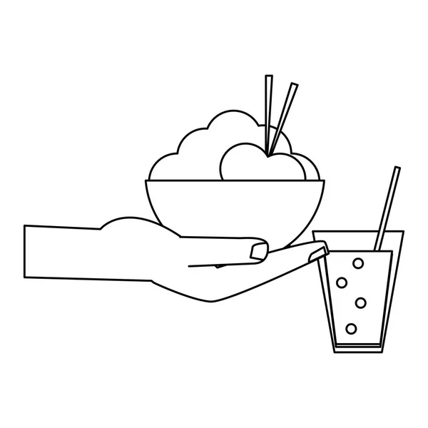 Mano con tazón ric y taza de refresco blanco y negro — Vector de stock
