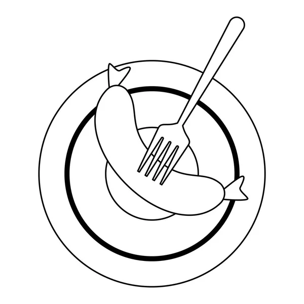 Saucisse à la fourchette sur plat noir et blanc — Image vectorielle