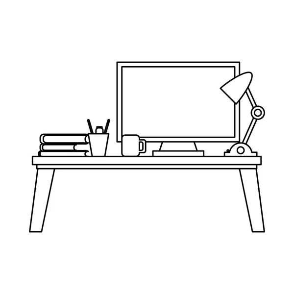 Scrivania da ufficio con computer in bianco e nero — Vettoriale Stock
