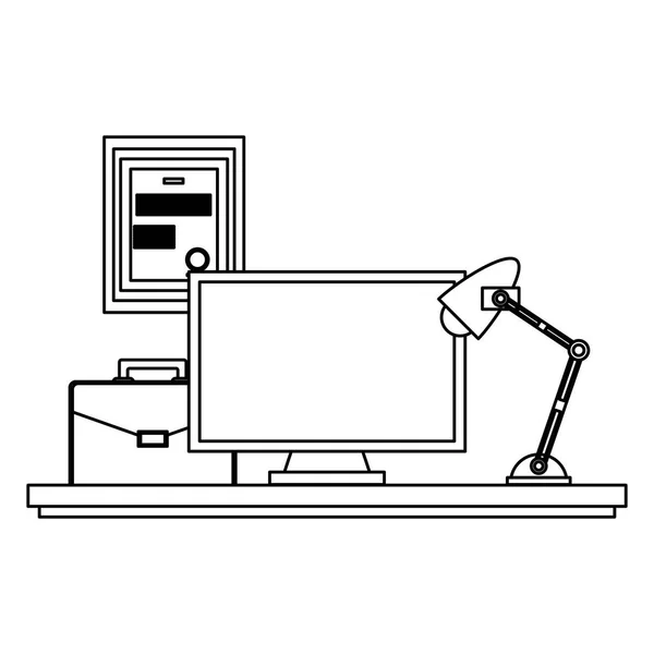 Bureau met computer black and white — Stockvector