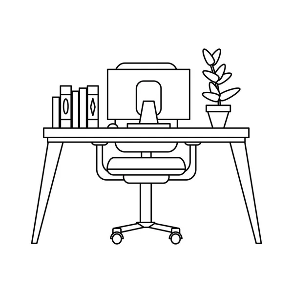 Escritorio de oficina con computadora en blanco y negro — Archivo Imágenes Vectoriales