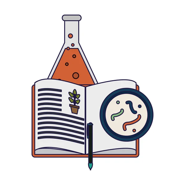 Wissenschaft Chemie Fläschchen Und Buch Mit Bakterien Vektor Illustration Grafikdesign — Stockvektor