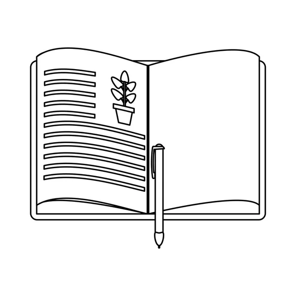 Libro de jardinería abierto con pluma en blanco y negro — Vector de stock