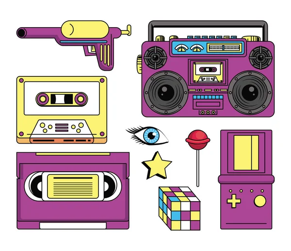 80年代和90年代风格的对象立体声 Cssette Vcr 磁带游戏男孩棒棒糖矢量插图图形设计 — 图库矢量图片