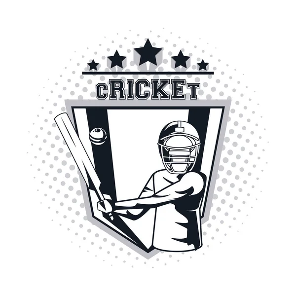 Cricket Spieler Mit Fledermaus Emblem Schwarz Weiß Über Abzeichen Symbol — Stockvektor