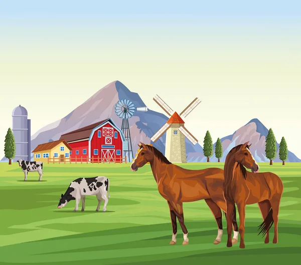 Animales Granja Paisaje Rural Paisaje Vector Ilustración Diseño Gráfico — Vector de stock