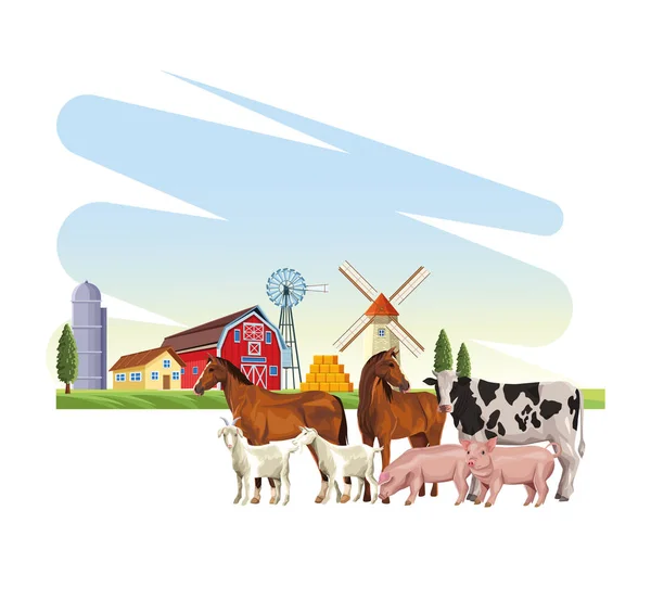 Animali Fattoria Nel Paesaggio Rurale Paesaggio Vettore Illustrazione Grafica — Vettoriale Stock