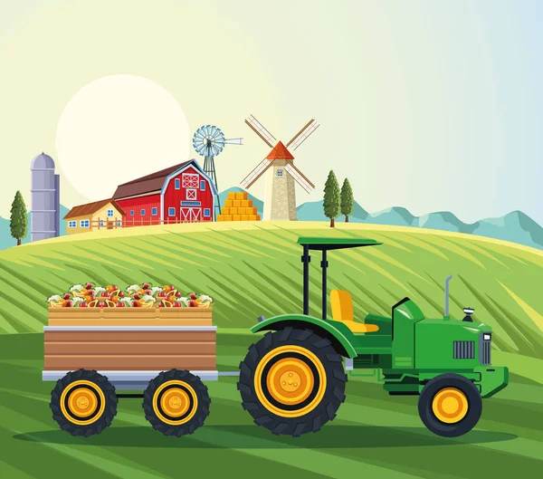 Tractor de granja empujando frutas con carro — Archivo Imágenes Vectoriales