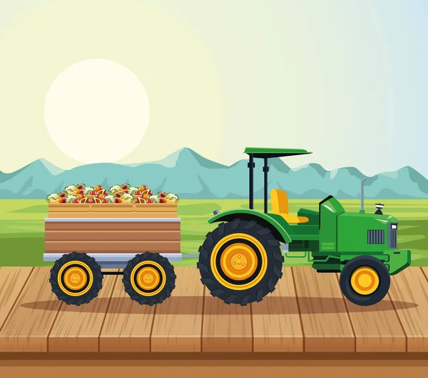 Farm tractor pushing fruits with cart — Stock Vector
