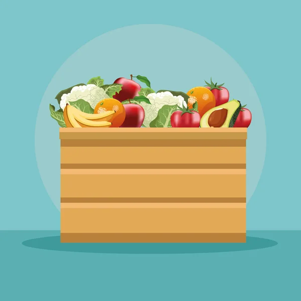 Frukt och grönsaker i trälåda — Stock vektor