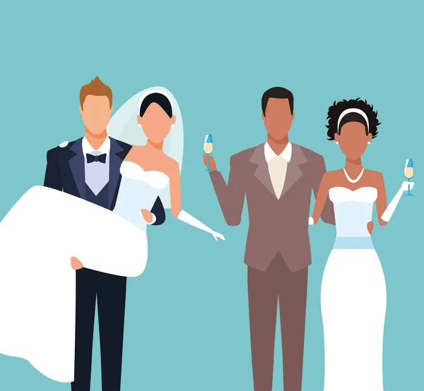 Ženich Nevěsta Svatební Páry Lásce Nad Modré Pozadí Vektorové Ilustrace — Stockový vektor