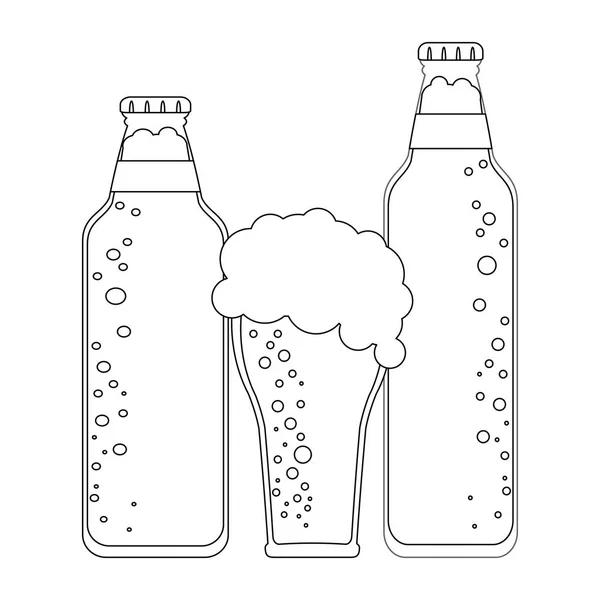 Bouteilles de bière et gobelet en noir et blanc — Image vectorielle