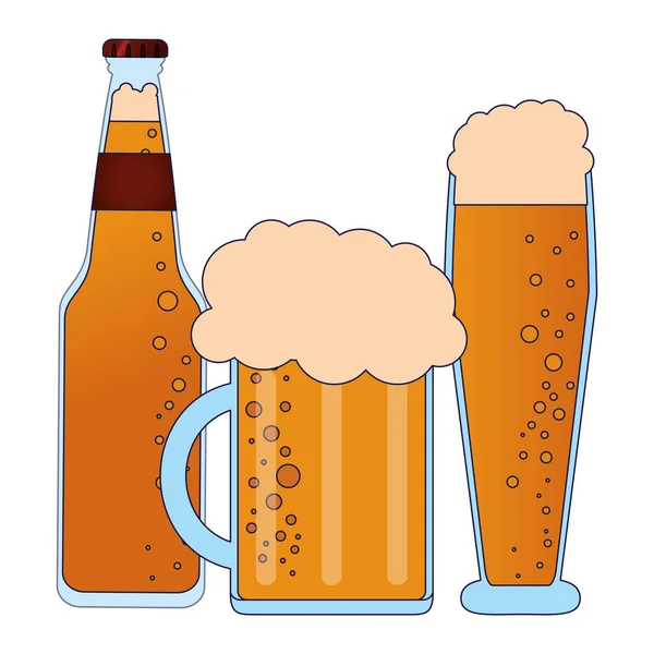 Бутылка пива и чашки — стоковый вектор