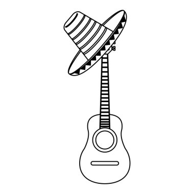 Akustik gitar ve Meksika şapka siyah beyaz