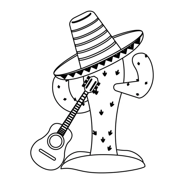 Chapeau cactus et mexicain avec guitare en noir et blanc — Image vectorielle