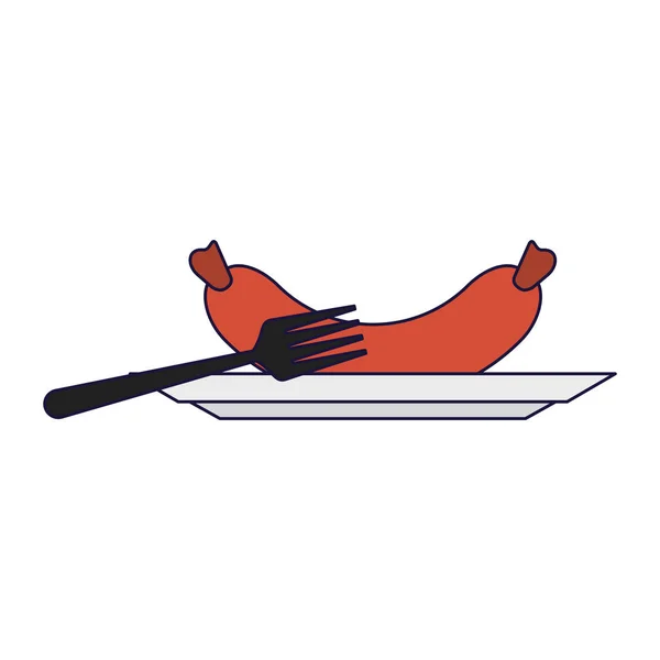Salsicha com garfo no prato — Vetor de Stock