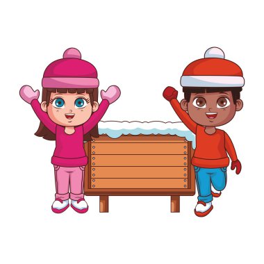 Erkek ve kız kış giysileri ve ahşap işareti