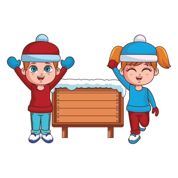 Niño y niña con ropa de invierno y letrero de madera — Vector de stock