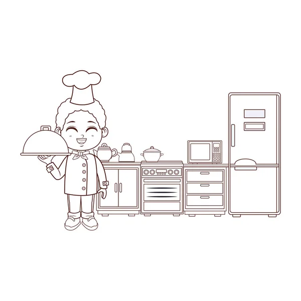 Chef boy cartoon brown lines — Stock Vector