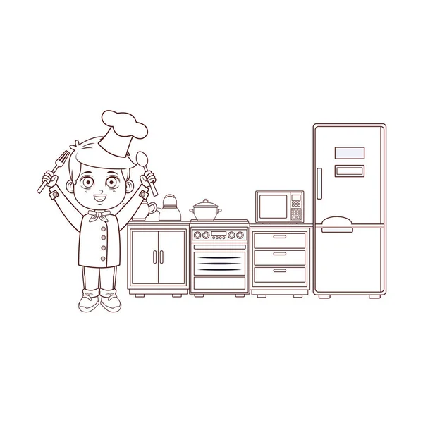 Chef chico dibujos animados líneas marrones — Vector de stock
