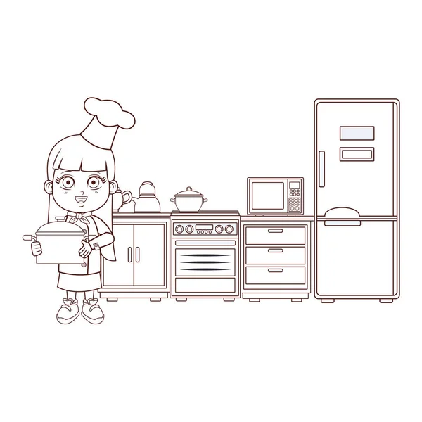 厨师女孩卡通棕色线 — 图库矢量图片