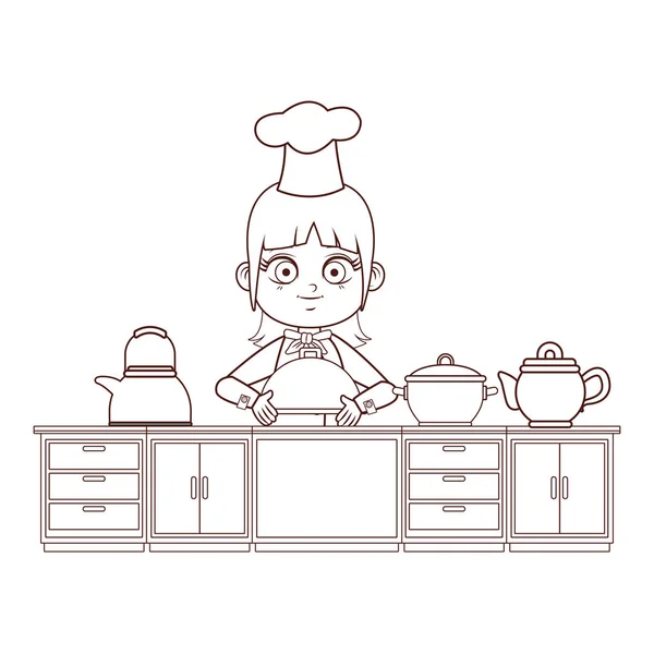 Chef girl cartoon brown lines — Stock Vector