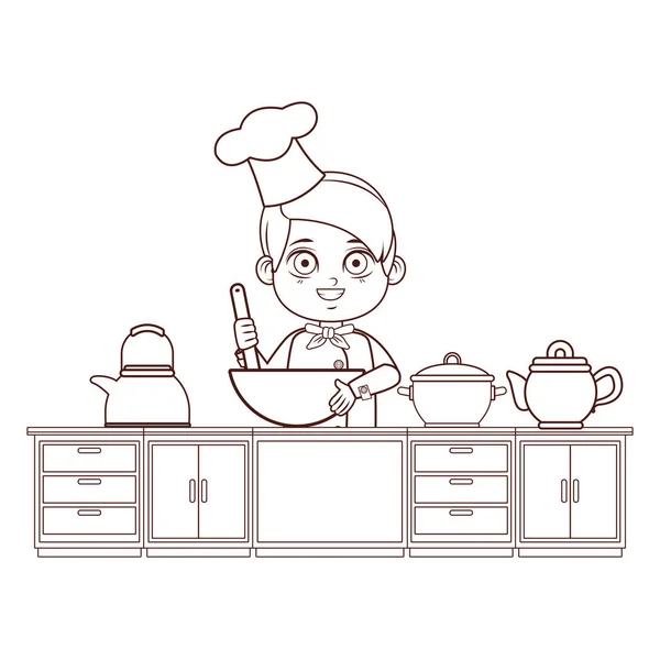 Chef Boy Dengan Sendok Kartun Memasak Vektor Dapur Gambar Desain - Stok Vektor