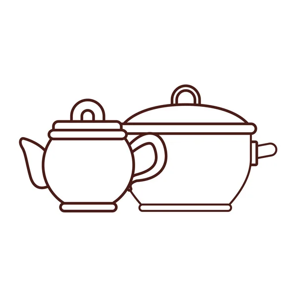 Кухонный горшок и чайник коричневые линии — стоковый вектор