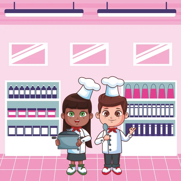 Kreskowki Chłopiec Dziewczynka Chef Gotowania Supermarkecie Wektor Projekt Graficzny Ilustracja — Wektor stockowy