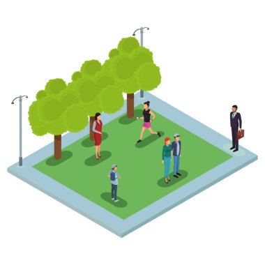 İnsanlara park izometrik sahne vektör çizim grafik tasarım