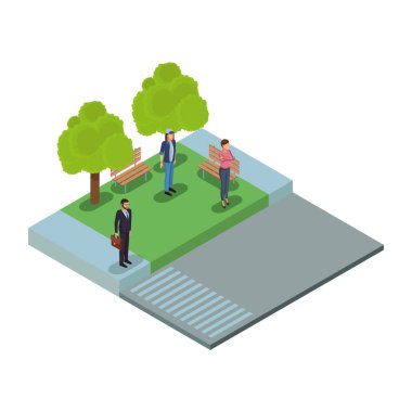 İnsanlara park izometrik sahne vektör çizim grafik tasarım