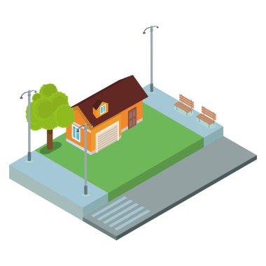 Ev ve park izometrik sahne vektör çizim grafik tasarım
