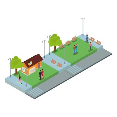 İnsanlara ev izometrik sahne vektör çizim grafik tasarım