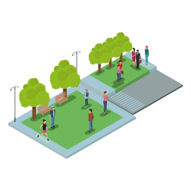 İnsanlara park izometrik sahne vektör çizim grafik tasarım