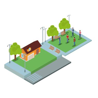 İnsanlara ev izometrik sahne vektör çizim grafik tasarım
