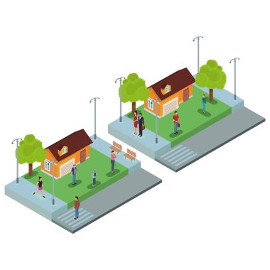 İnsanlara ev izometrik sahne vektör çizim grafik tasarım