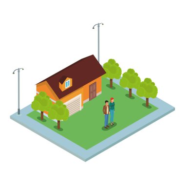 İnsanlara ev izometrik sahne vektör çizim grafik tasarım