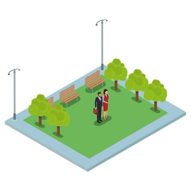 İnsanlara park izometrik sahne vektör çizim grafik tasarım