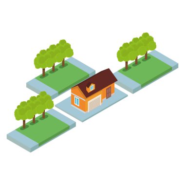 Ev ve park izometrik sahne vektör çizim grafik tasarım