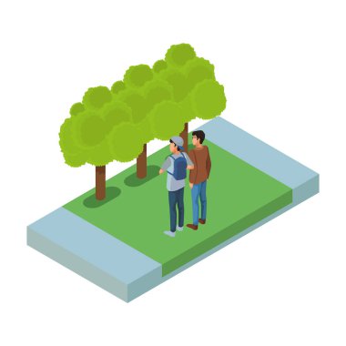 İnsanlara park izometrik sahne vektör çizim grafik tasarım