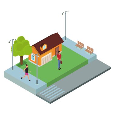 İnsanlara ev izometrik sahne vektör çizim grafik tasarım