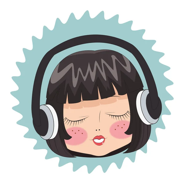 Beautiful Girl Face Music Headphones Cartoon — Stock Vector